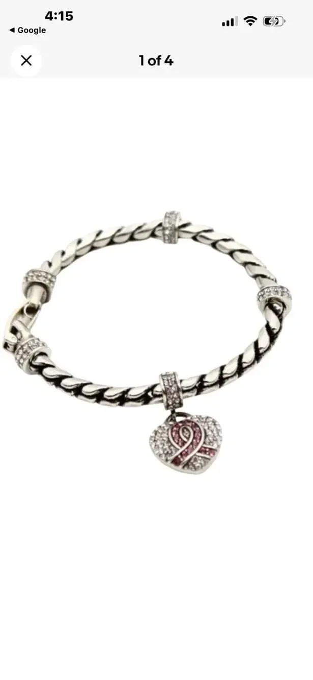 Brighton Silver Plated Braided Bracelet w Pink Ribbon Heart Charm Meridian